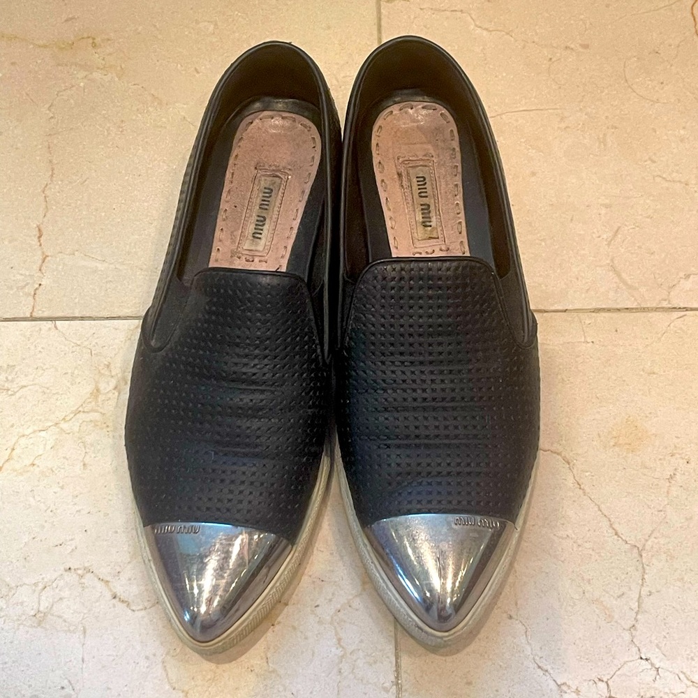 Miu Miu Leather Sneakers With Silver Pointy Toe